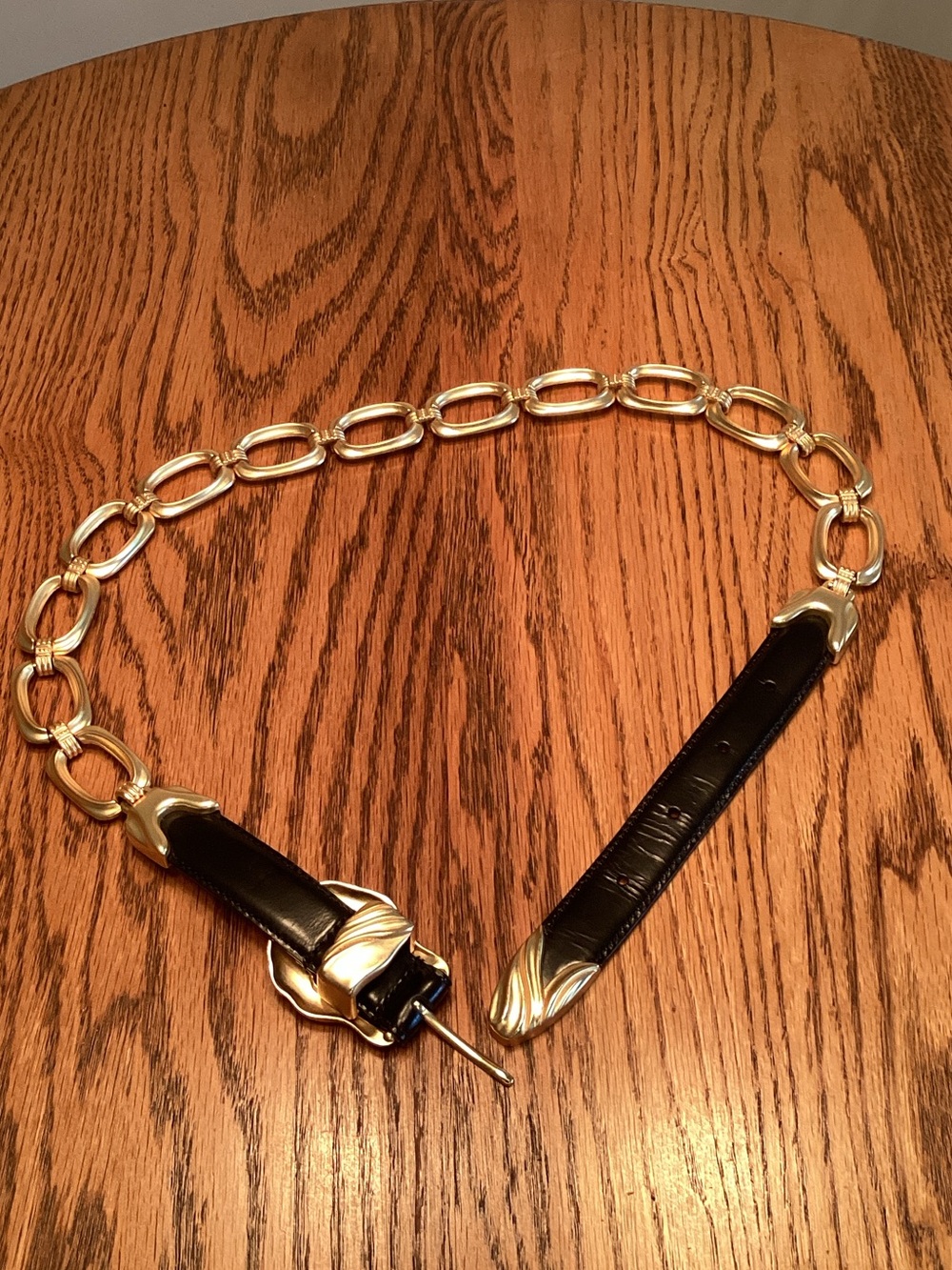 Gold Chain-Link Womans Belt with Black Leather Accents
